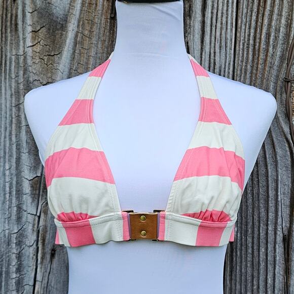 Triangle Bikini Top Pink White Wide Stripe VIX Size M Halter Tie Swim Beach - Picture 1 of 8